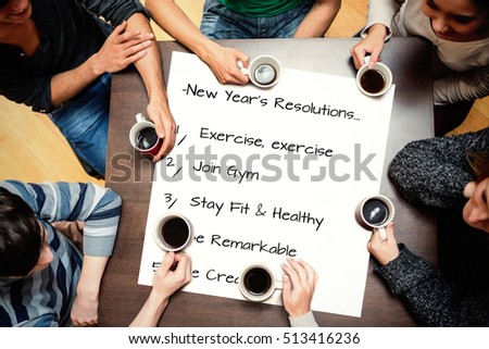 People sitting around table drinking coffee against points of new years resolution on white background