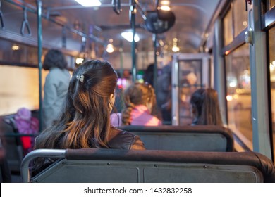 People  Sitting On A Comfortable Bus In  Selective Focus And Blurred Background. İs The Main Mass Transit Passengers In The Bus. People In Old Public Bus, View From Inside The Bus . 