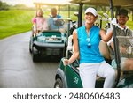 People, smile and golf cart in nature on course, golfer equipment and golfing transport on path for challenge. Happy, outdoors and exercise for professional sports competition, country club and hobby