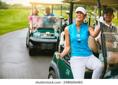 People, smile and golf cart in nature on course, golfer equipment and golfing transport on path for challenge. Happy, outdoors and exercise for professional sports competition, country club and hobby - Powered by Shutterstock