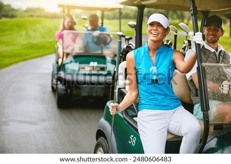 People, smile and golf cart in nature on course, golfer equipment and golfing transport on path for challenge. Happy, outdoors and exercise for professional sports competition, country club and hobby