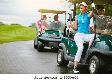 People, smile and golf cart on on course path, golfer equipment and golfing transport outside for challenge. Happy, outdoors and exercise for professional sports competition, country club and hobby - Powered by Shutterstock