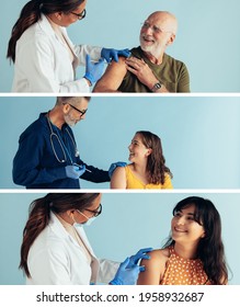 People Smiling After Getting Vaccinated By A Medical Professional. Vertical Assorted Images Of Doctors Giving Flu Shot To Diverse People.