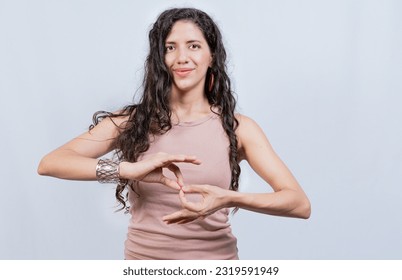 People speaking in sign language isolated. Young woman gesturing in sign language, Lating girl gesturing in sign language isolated - Shutterstock ID 2319591949