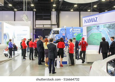 People stand in Kamaz.
St. Petersburg, Russia - 4 October, 2016.
Petersburg Gas Forum which takes place in Expoforum.