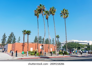 People Standing And Waiting In A Long Line To Visit California DMV Office - Santa Monica, California, USA - November, 2020