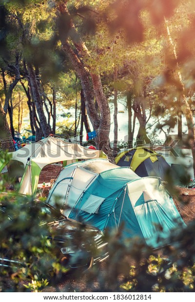 People still sleep in cosy\
tents. The sun will soon wake them up. They will be still sleepy\
when they pull down tent′s zipper and see wonderful view of\
nature.