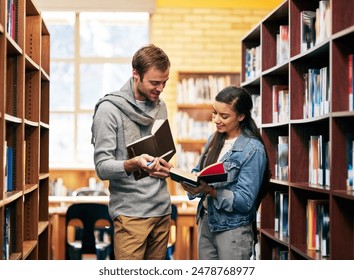 People, students and library conversation with books, happy and campus for learning or university education. Discussion, academic scholarship and collaboration, exam preparation and college thesis - Powered by Shutterstock