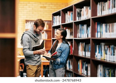 People, students and library speaking with books, happy and campus for learning or university education. Conversation, academic scholarship and collaboration, exam preparation and college thesis