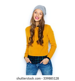 People, Style And Fashion Concept - Happy Young Woman Or Teen Girl In Casual Clothes And Hipster Hat