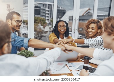 People, support and hands together for team building, company and business meeting in office. Group, employees and happy for diversity, project and cooperation for collaboration, creativity or career - Powered by Shutterstock