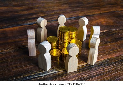 People Surrounded Stacks Of Coins. Fundraising And Charity. Corporation, Joint Venture. Fair Distribution Of Income Among Team Members. Development Use Of Budget Funds. Investment Groups. Corruption