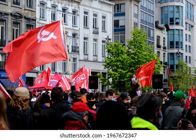 People Take Part In Demonstration During A May Day Protest In Brussels, Belgium On May 1st, 2021
