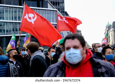 People Take Part In Demonstration During A May Day Protest In Brussels, Belgium On May 1st, 2021
