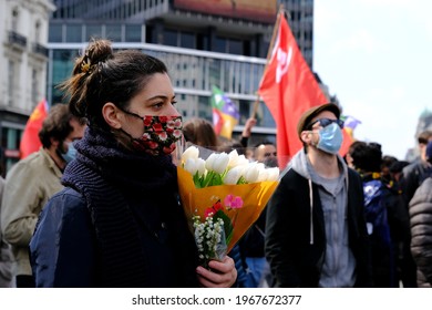 People Take Part In Demonstration During A May Day Protest In Brussels, Belgium On May 1st, 2021
