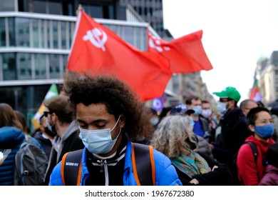 People Take Part In Demonstration During A May Day Protest In Brussels, Belgium On May 1st, 2021
