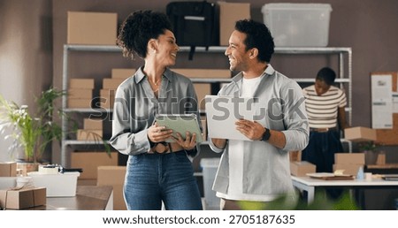 People, talk or tablet with checklist for ecommerce, logistics feedback or stock control in office. Happy team, clipboard and tech with discussion for supply chain, shipping and inventory management.