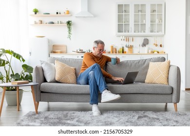 People And Technology Concept. Portrait of senior man in glasses using laptop, holding cup and drinking morning coffee. Adult male sitting on comfy couch, watching video, full body length - Powered by Shutterstock