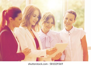 People, Technology, Work And Corporate Concept - Business Team Of Women With Tablet Pc Computer At Office