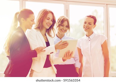 People, Technology, Work And Corporate Concept - Business Team Of Women With Tablet Pc Computer At Office