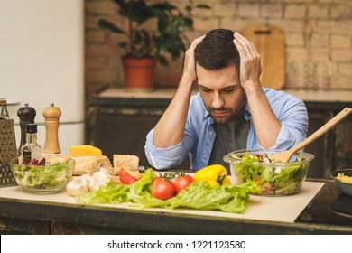 People, Tiredness And Overwork Concept. Sad Unhappy Tired Man Coocking In The Kitchen. Chef In Stress. 