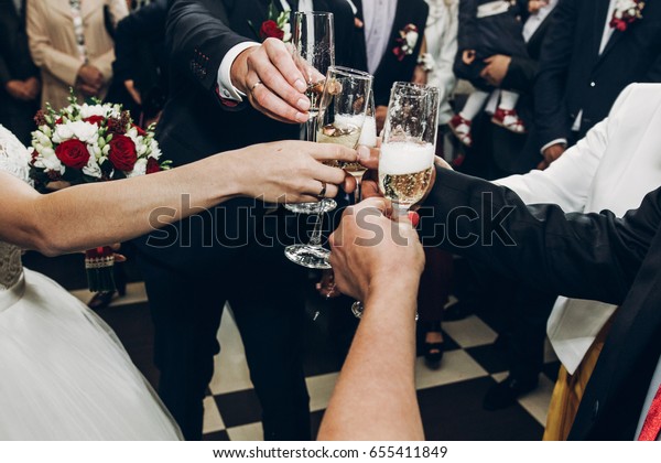 People Toasting Champagne Glasses Wedding Reception Stock Photo