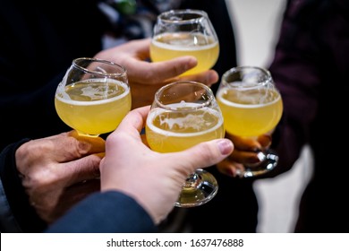 People Toasting (cheers) With Beer On A Brewery Tour