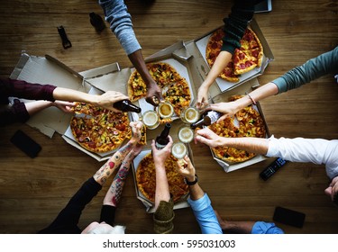 People Together Eat Pizza Drink Beers