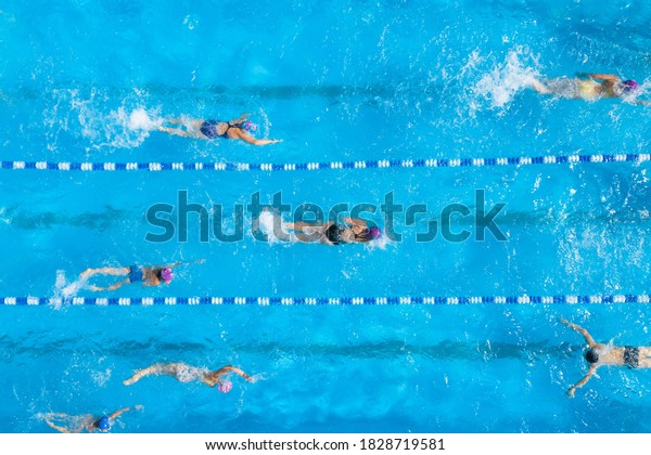 People training in\
swimming pool, top view