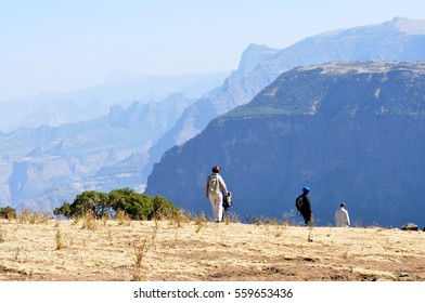 People Trekking In Simien Mountains National Park, Ethiopia 