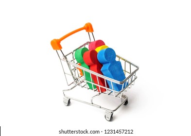 People In A Trolley For A Supermarket. Concept Of Human Trafficking, Modern Slavery. Buying People Is A Violation Of International Laws. Freedom And Deprivation Of Human Rights