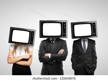 people with tv head on a gray background