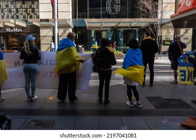 People With Ukrainian Flags At Protest In Central Business District In Sydney Australia 30 August 2022.