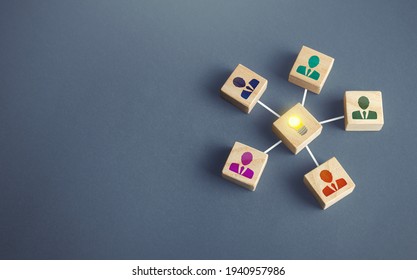 People united by a joint idea project. Founding a business company around a startup project development. Working on new ideas, contribution. Achieving goal. Innovation, collective ideas. - Shutterstock ID 1940957986