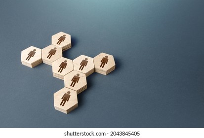People are united in a group. Consolidation. Joining forces to achieve a common goal. Hiring employees, recruiting staff. Human resources. Grouping, self organization. Social processes. - Shutterstock ID 2043845405