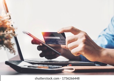 People Use Credit Cards, User Data Entry, And Codes For Electronic Payment Technology For Online With Copy Space. Shopping Lifestyle, Or Mobile Phone Financial Application Concept, Credit Card Mockup