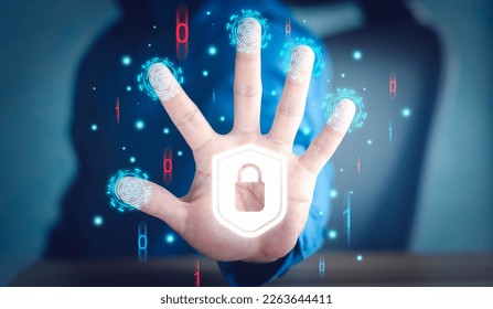 People use virtual fingerprint scanner for identification. Biometric authentication and cybersecurity concept.