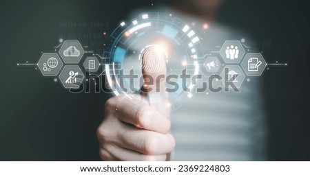 People using fingerprint to scan biometric identity for unlock passcode, access to personal information online business data. Data security for secure privacy two factor authentication access.