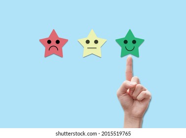 People Using Hand Click One Star Rating Happy Smiley Face For Feedback Rating And Positive Customer Review And World Mental Health Day 