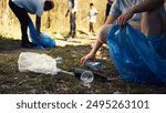 People using proper tools to clean the forest and recycle plastic waste, fighting pollution and illegal dumping. Activists volunteering to collect rubbish from the woods. Close up. Camera B.