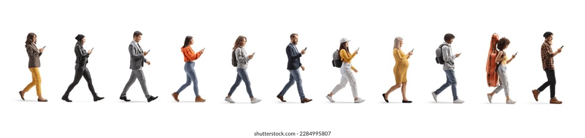 People using smartphones and walking in a line isolated on white background - Shutterstock ID 2284995807