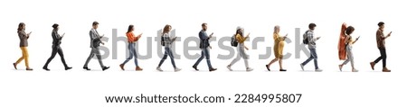 People using smartphones and walking in a line isolated on white background