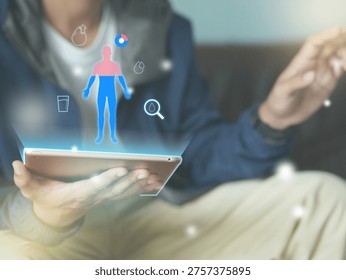 People using tablet AI technology analysis hydration and body water level for concept bio hacking, health care, well being, digital health 