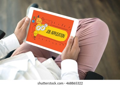 People using tablet pc in office and JOB APPLICATION concept on screen