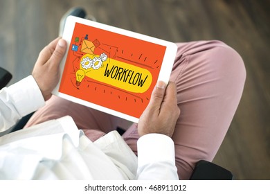 People using tablet pc in office and WORKFLOW concept on screen