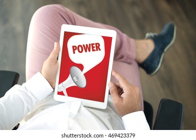 People using tablet pc and POWER announcement concept on screen