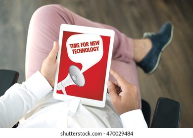 People using tablet pc and TIME FOR NEW TECHNOLOGY announcement concept on screen