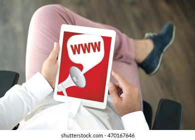 People using tablet pc and WWW announcement concept on screen