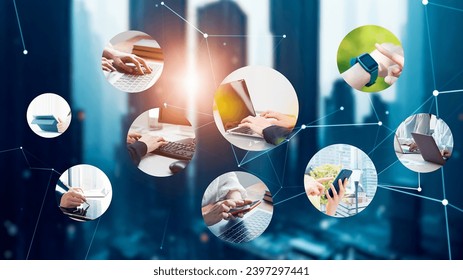People using various mobile devices and communication network concept.