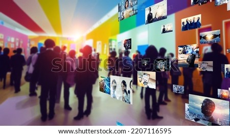 People viewing the exhibition and digital content. Virtual museum. Wide angle visual for banners or advertisements.
